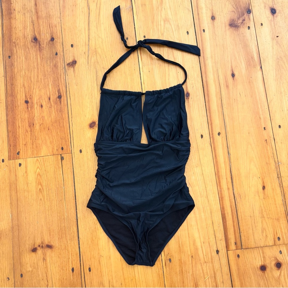 B2PRITY Black Halter Ruched One Piece Swimsuit Size L